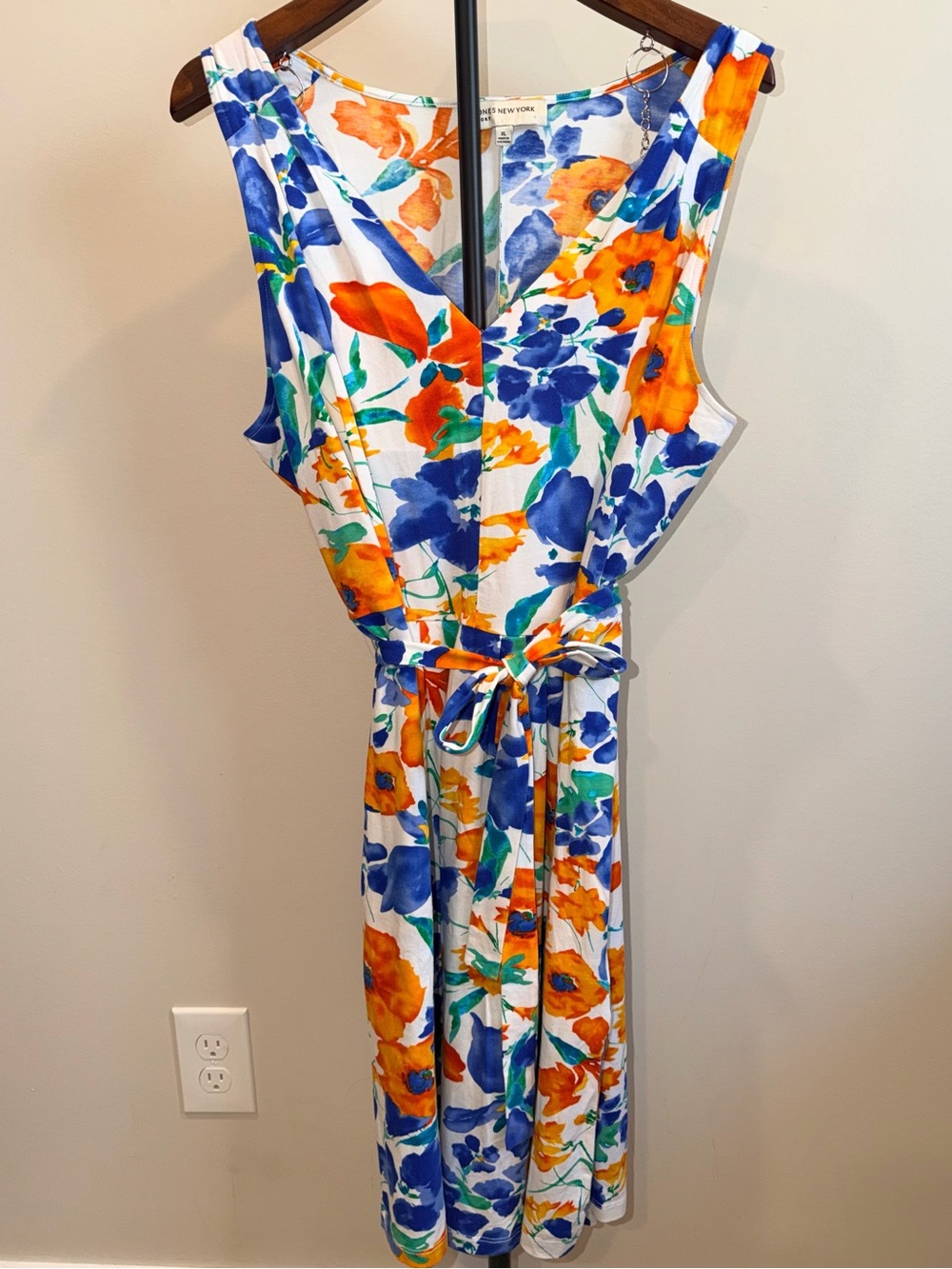 Jones New York Floral Belted Midi Dress Blue Orange